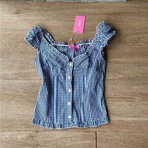 Blue Gingham Off-Shoulder Top